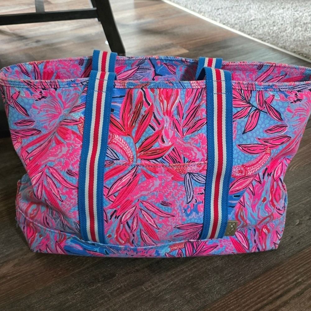 Lilly Pulitzer Tropical Floral Canvas Tote Bag Womens Pink Blue Preppy Beach